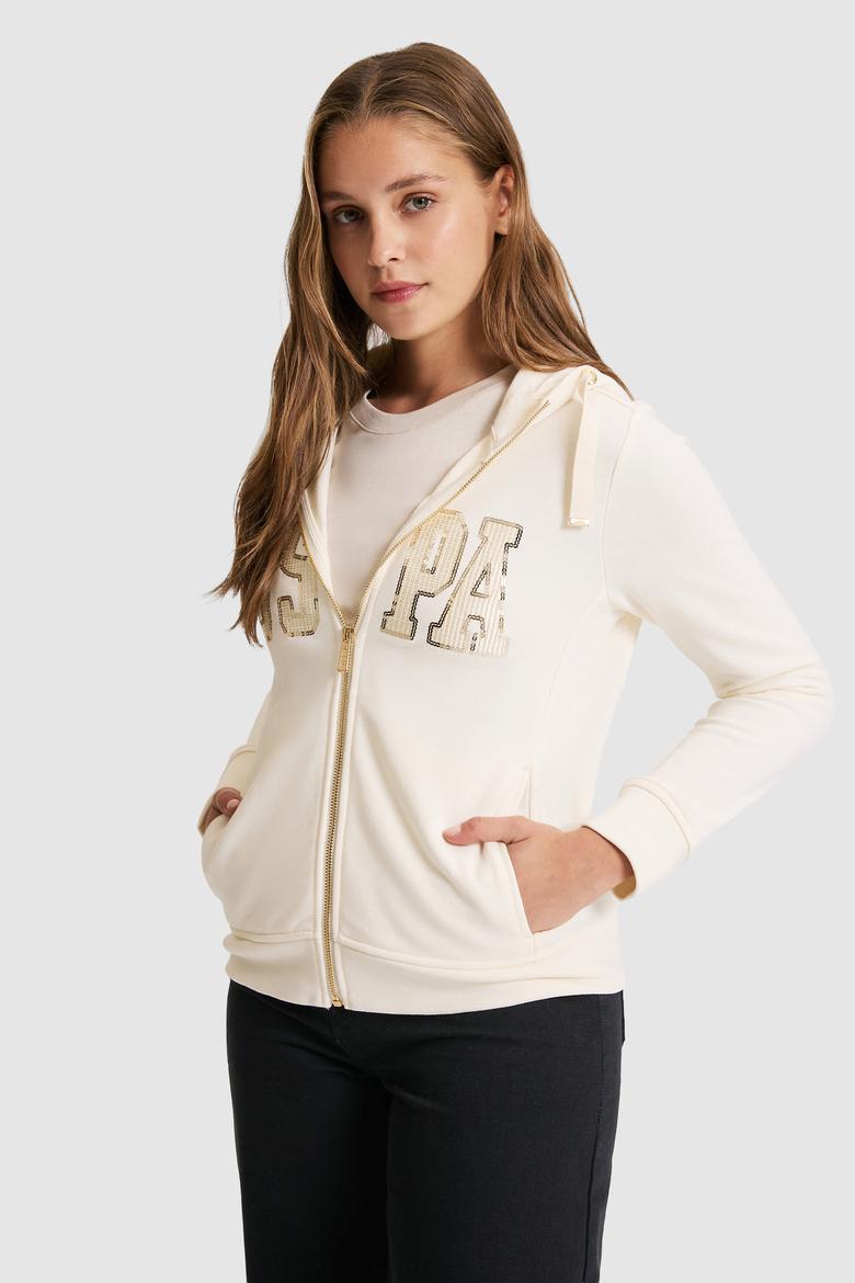 Kadın Krem Kapüşonlu Fermuarlı Basic Sweatshirt - 50321806056