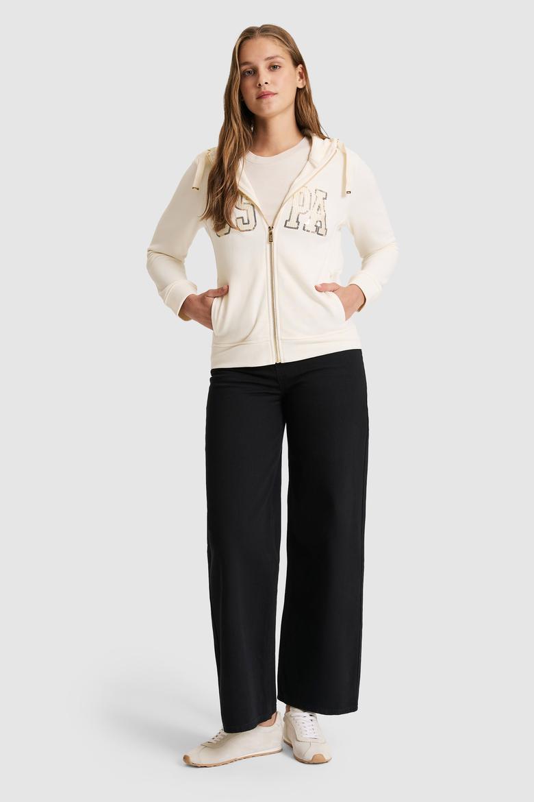 Kadın Krem Kapüşonlu Fermuarlı Basic Sweatshirt - 50321806056