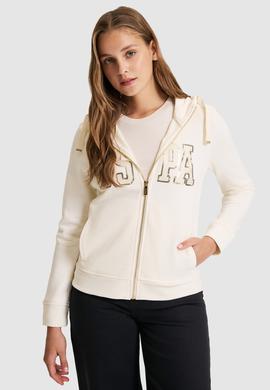 Kadın Krem Kapüşonlu Fermuarlı Basic Sweatshirt - 50321806056