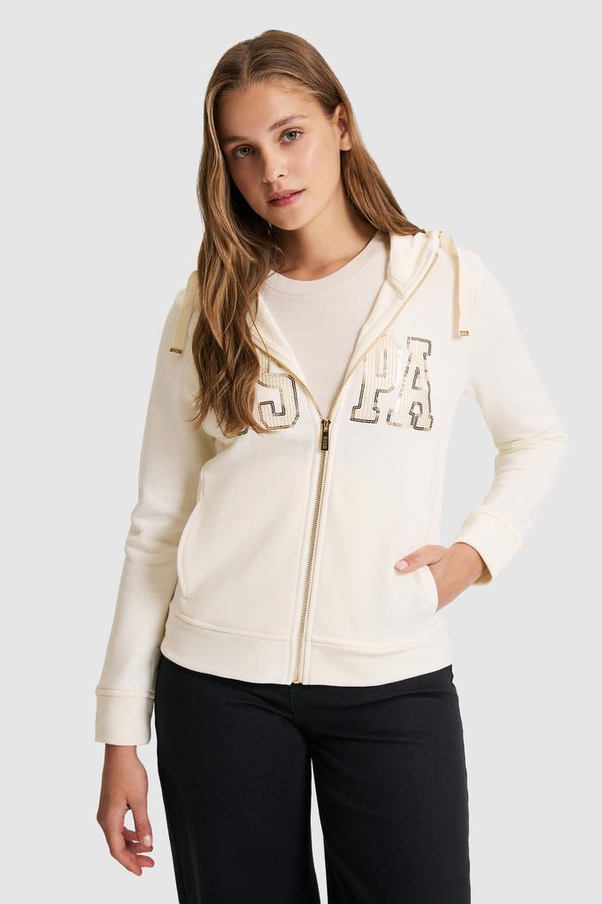 Kadın Krem Kapüşonlu Fermuarlı Basic Sweatshirt