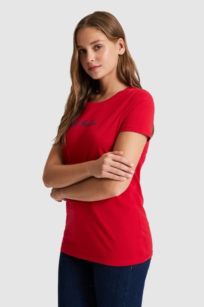 Kadın Kırmızı Bisiklet Yaka Basic Tişört