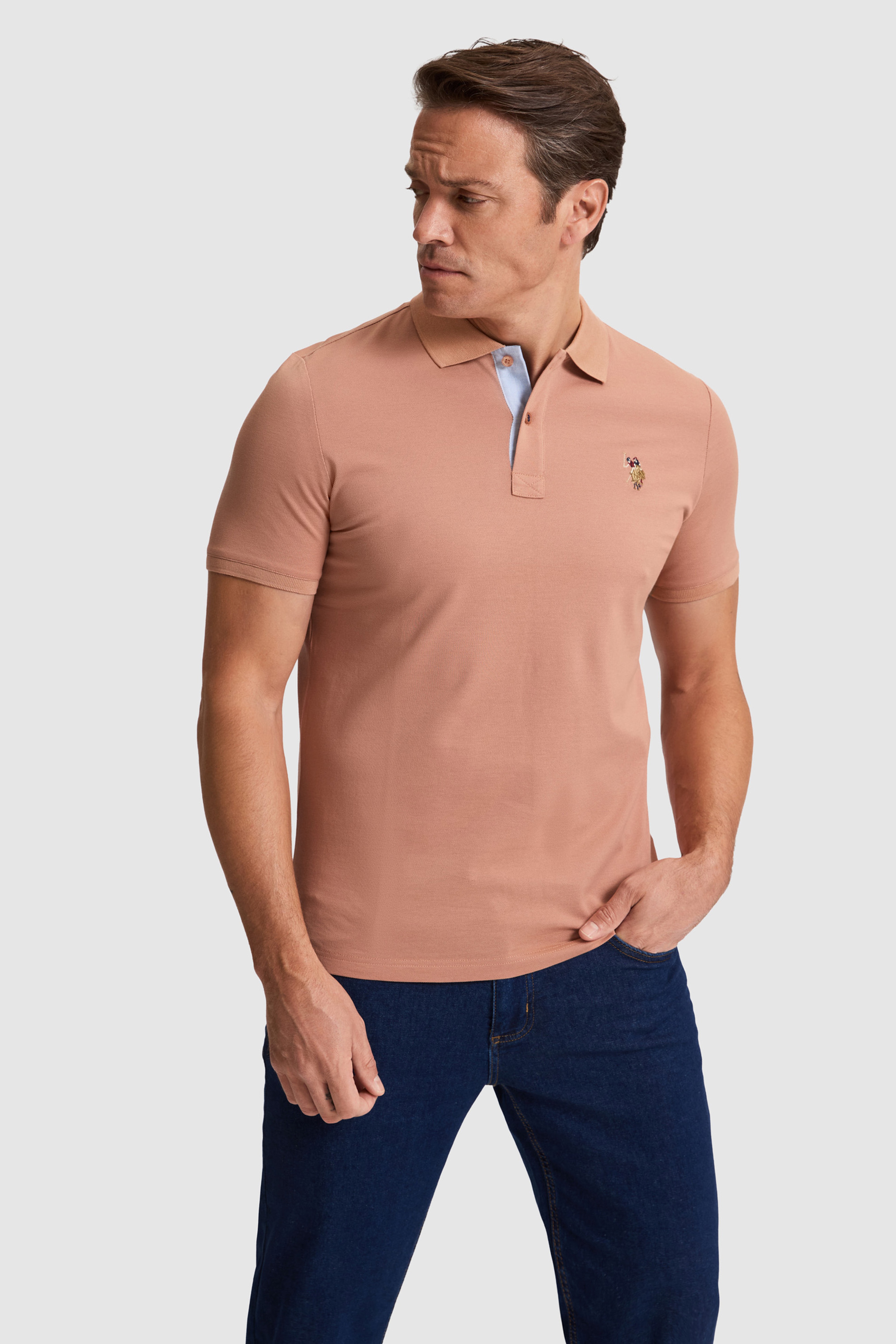 Erkek Pudra Regular Fit Polo Yaka Basic Tişört