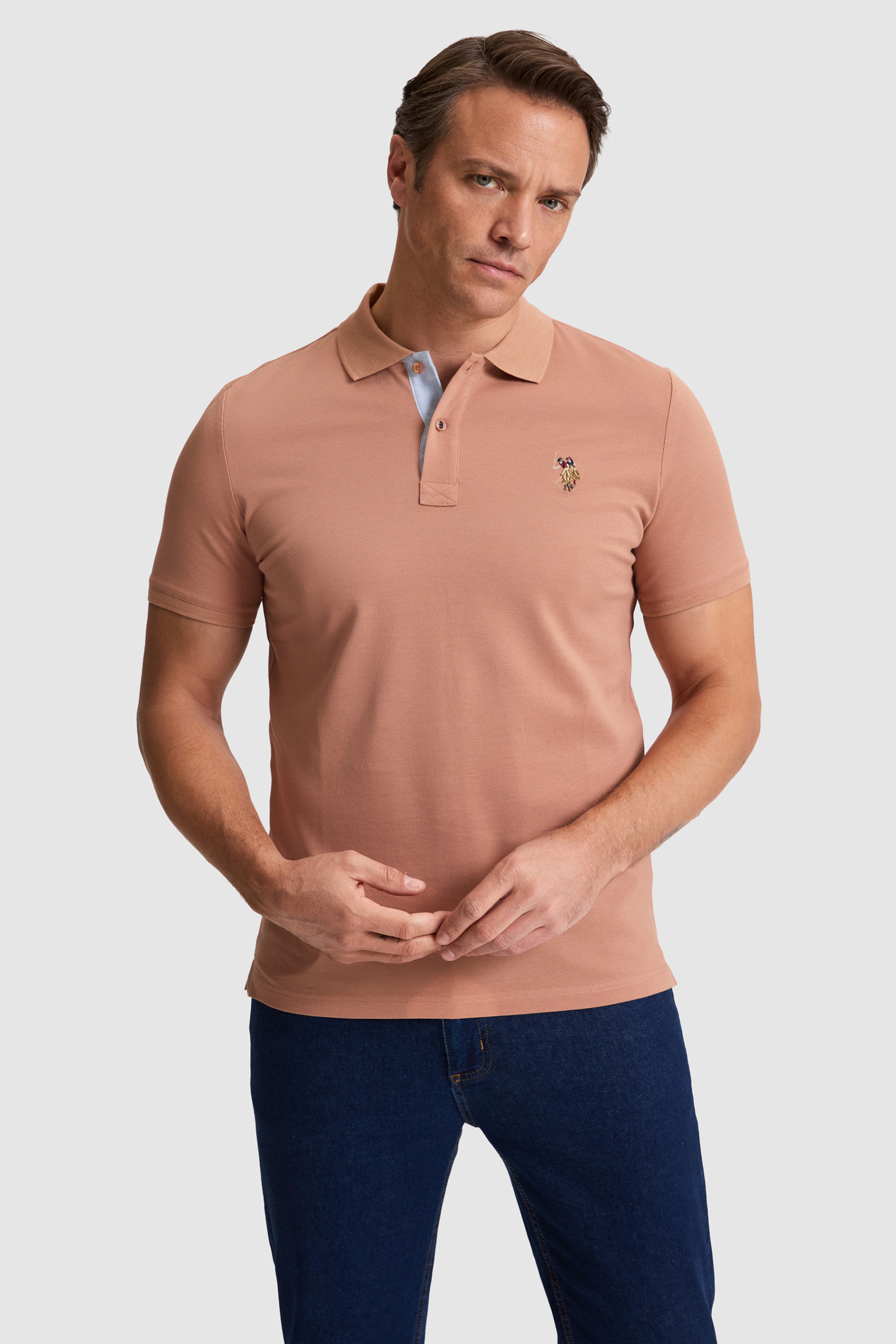 Erkek Pudra Regular Fit Polo Yaka Basic Tişört