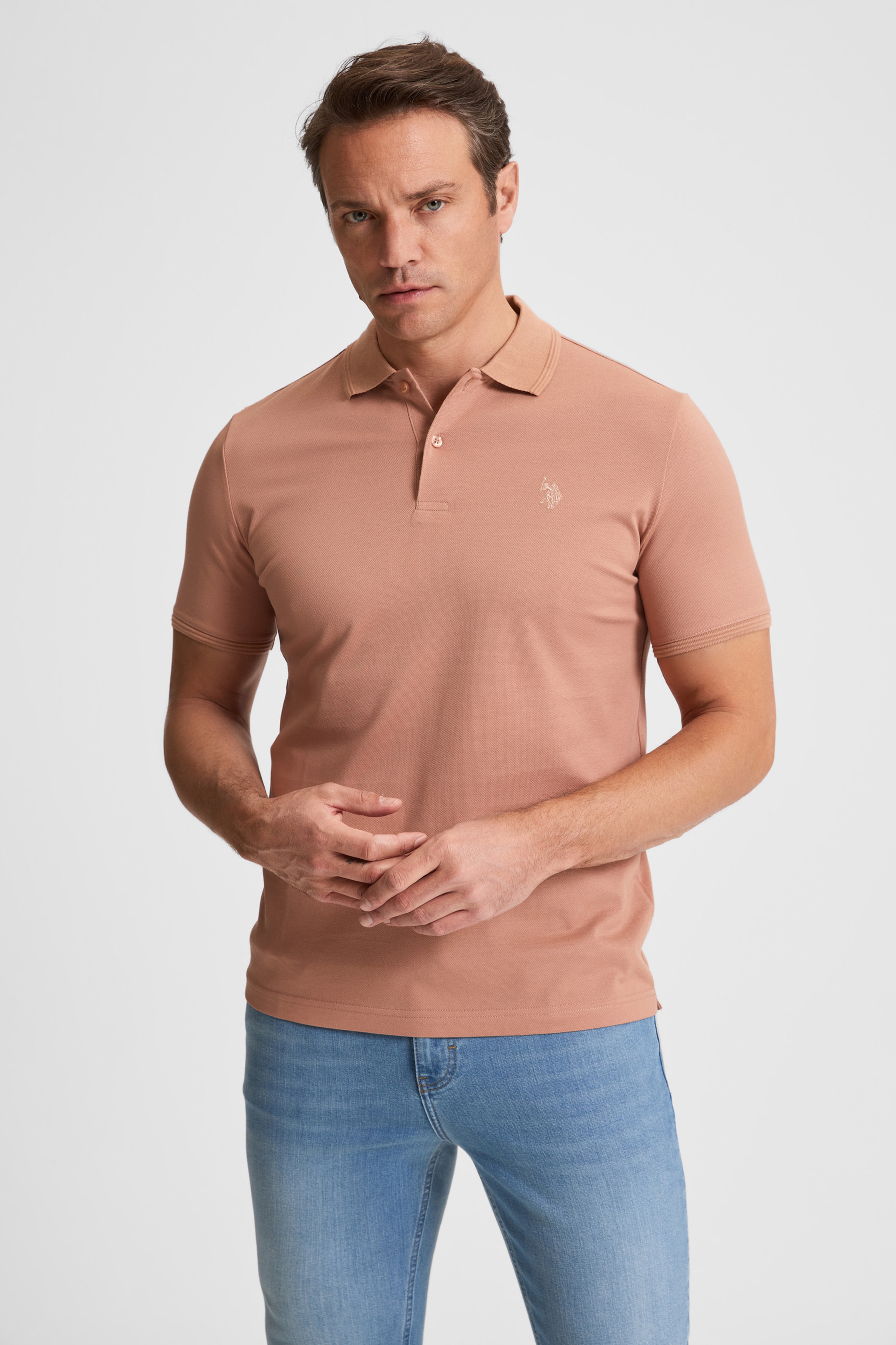 Erkek Pudra Regular Fit Polo Yaka Basic Tişört