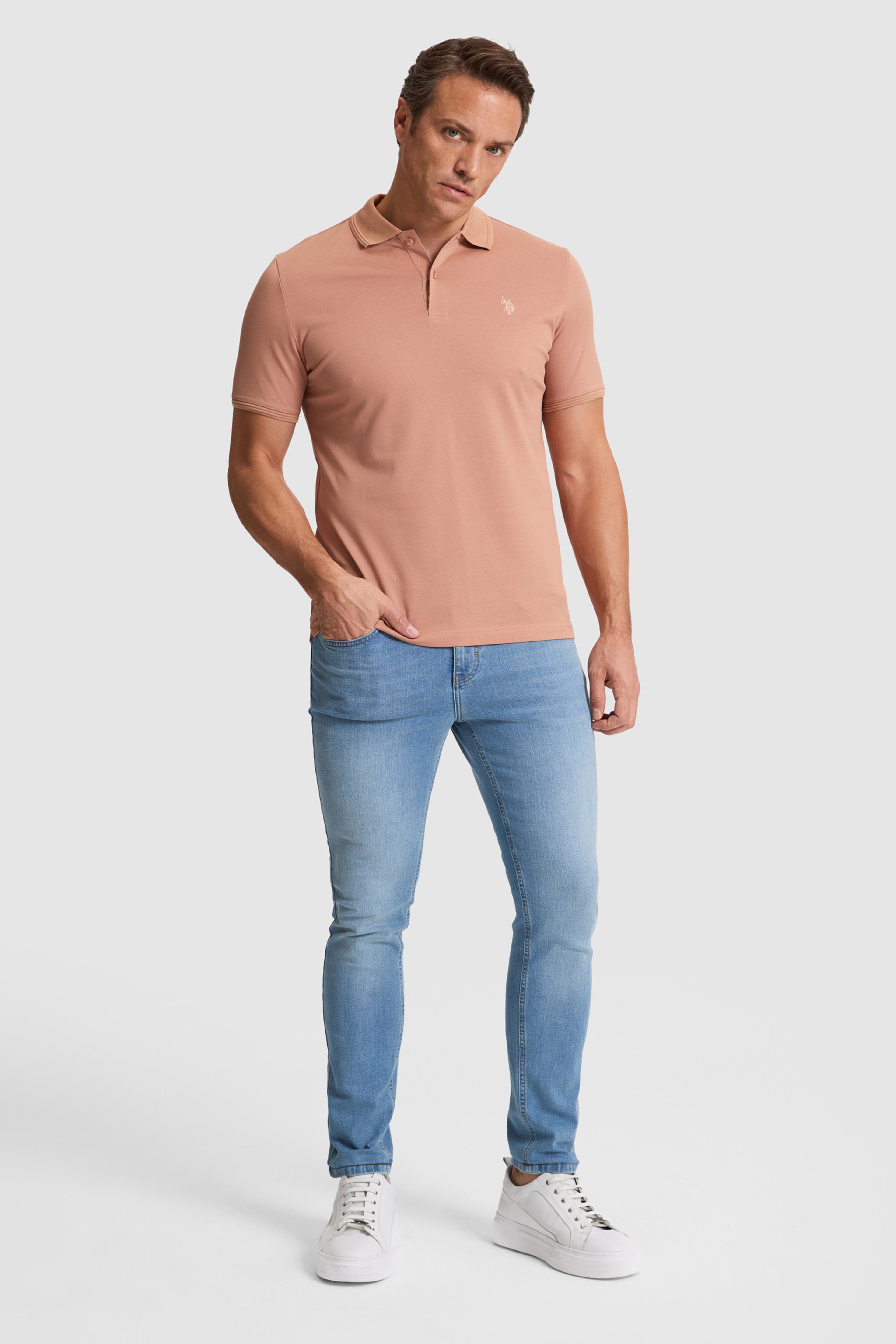 Erkek Pudra Regular Fit Polo Yaka Basic Tişört - Image 4