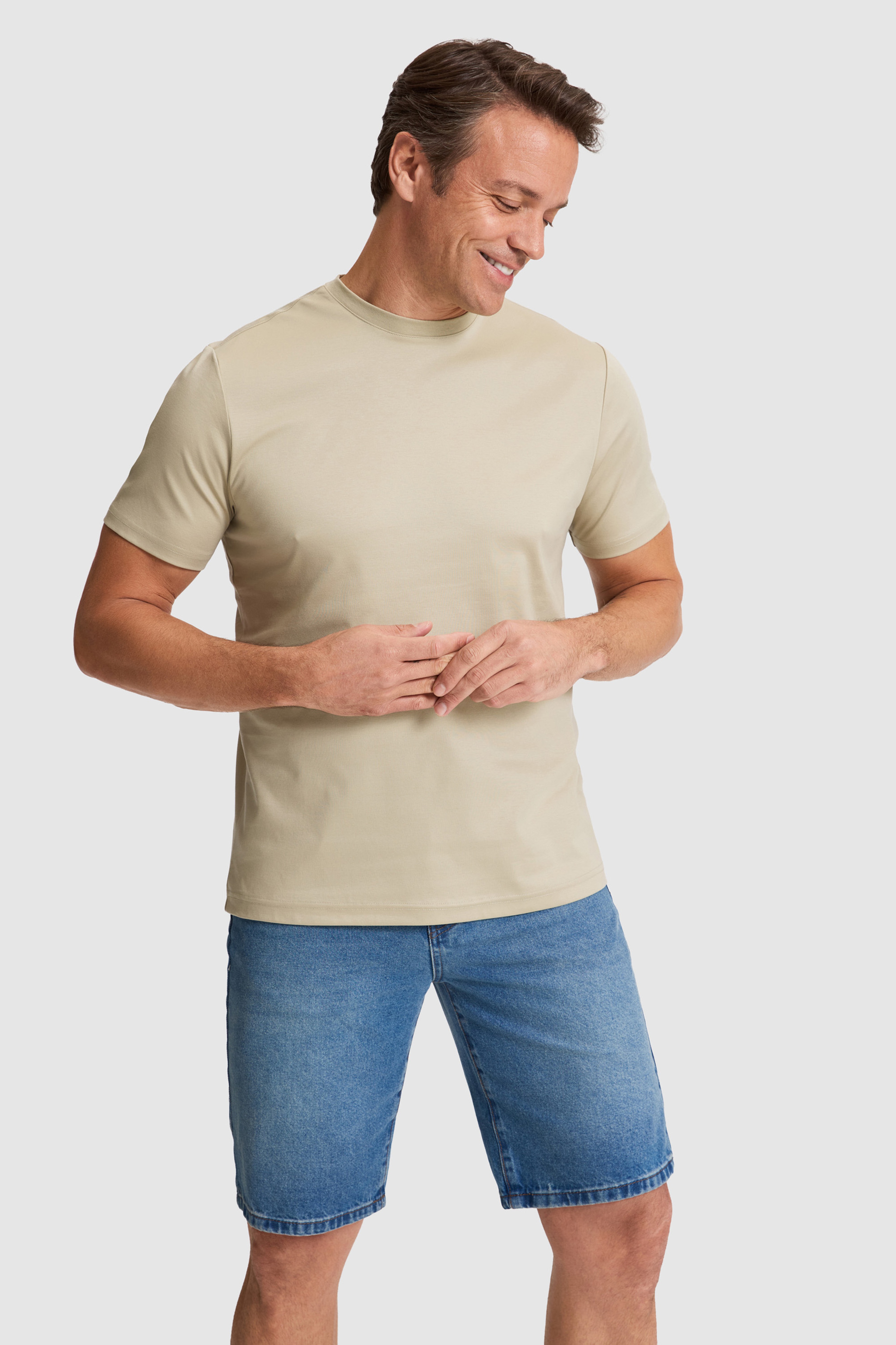 Erkek Açık Haki Regular Fit Bisiklet Yaka Basic Tişört - Image 3