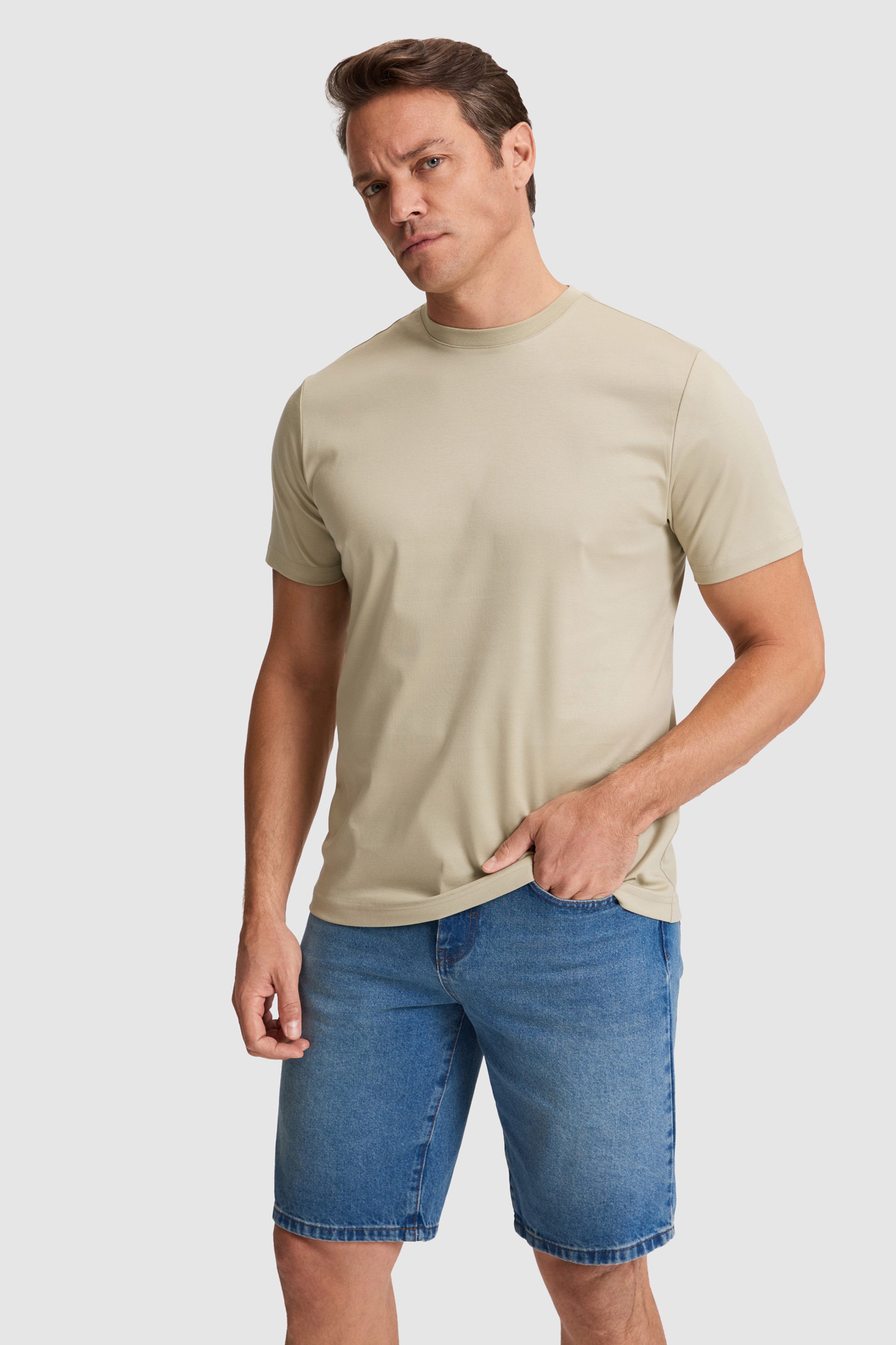 Erkek Açık Haki Regular Fit Bisiklet Yaka Basic Tişört - Image 1