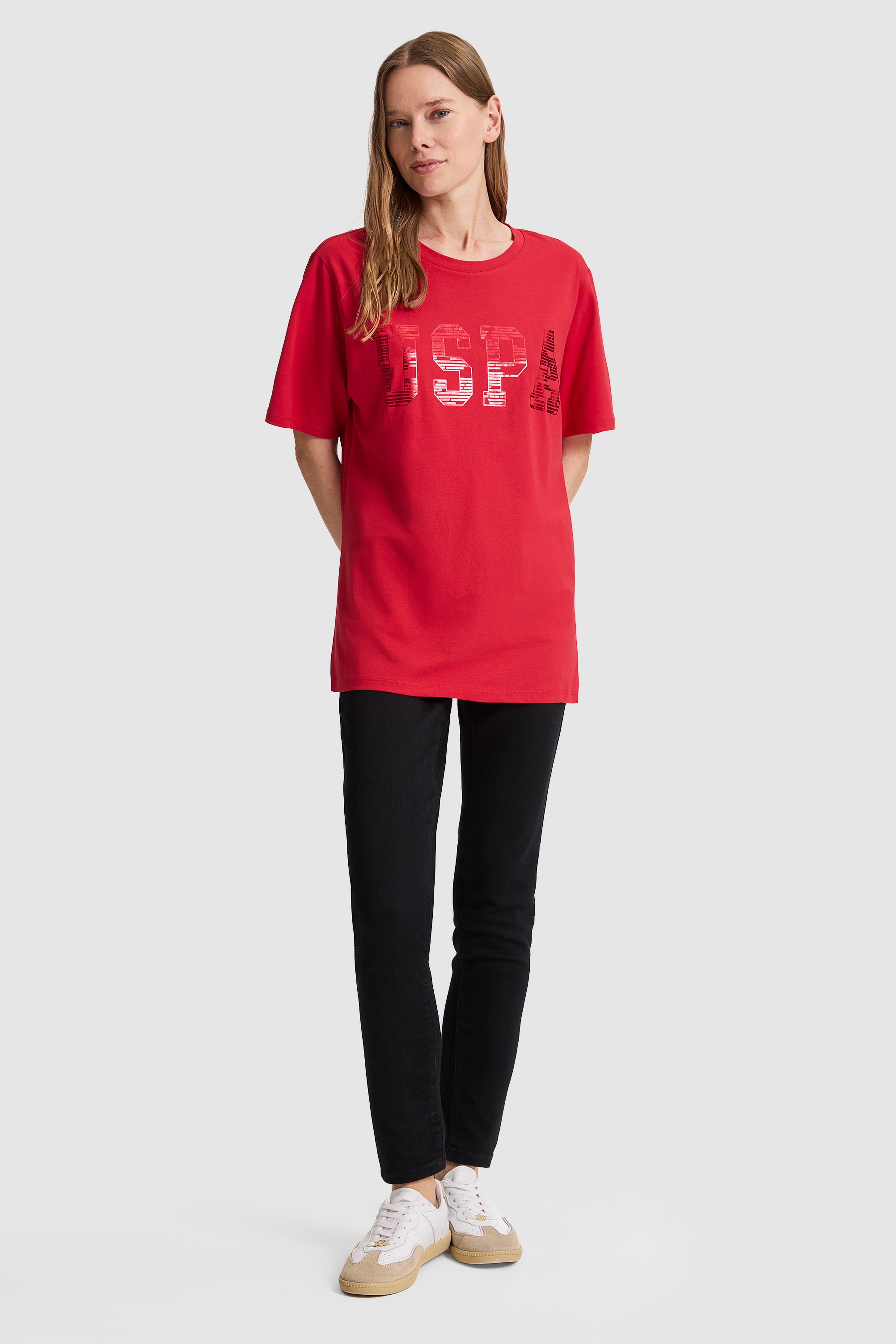 Kadın Kırmızı Bisiklet Yaka Basic Tişört - Image 4
