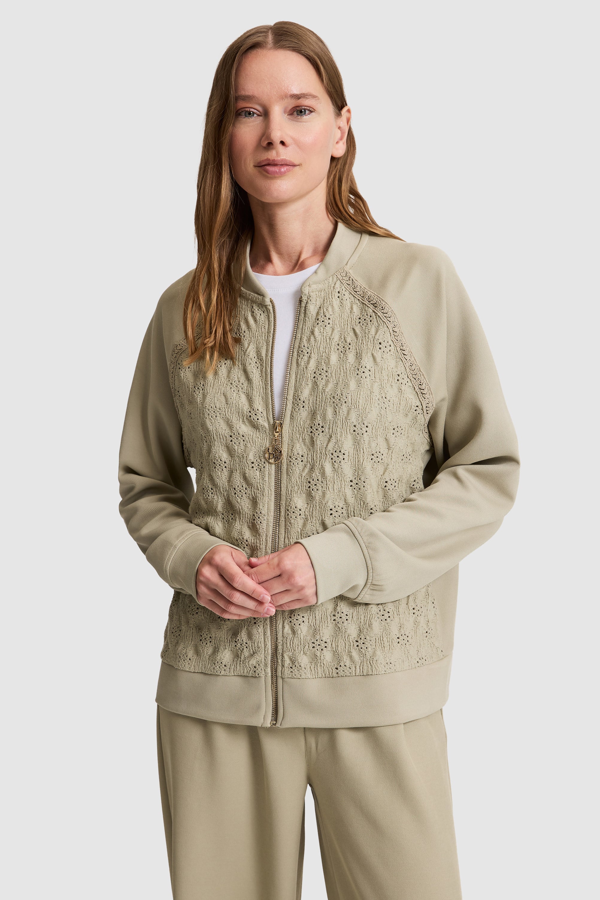 Kadın Açık Haki Fermuarlı Sweatshirt - Image 1