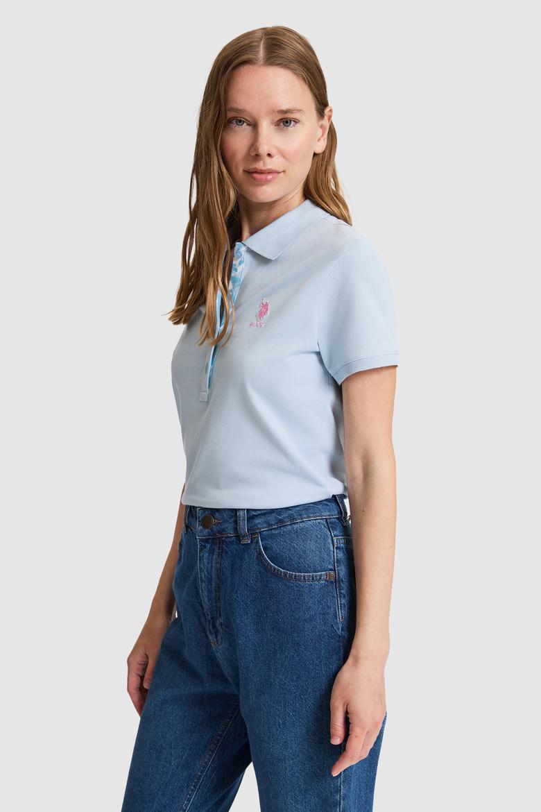 Kadın Açık Mavi Polo Yaka Basic Tişört