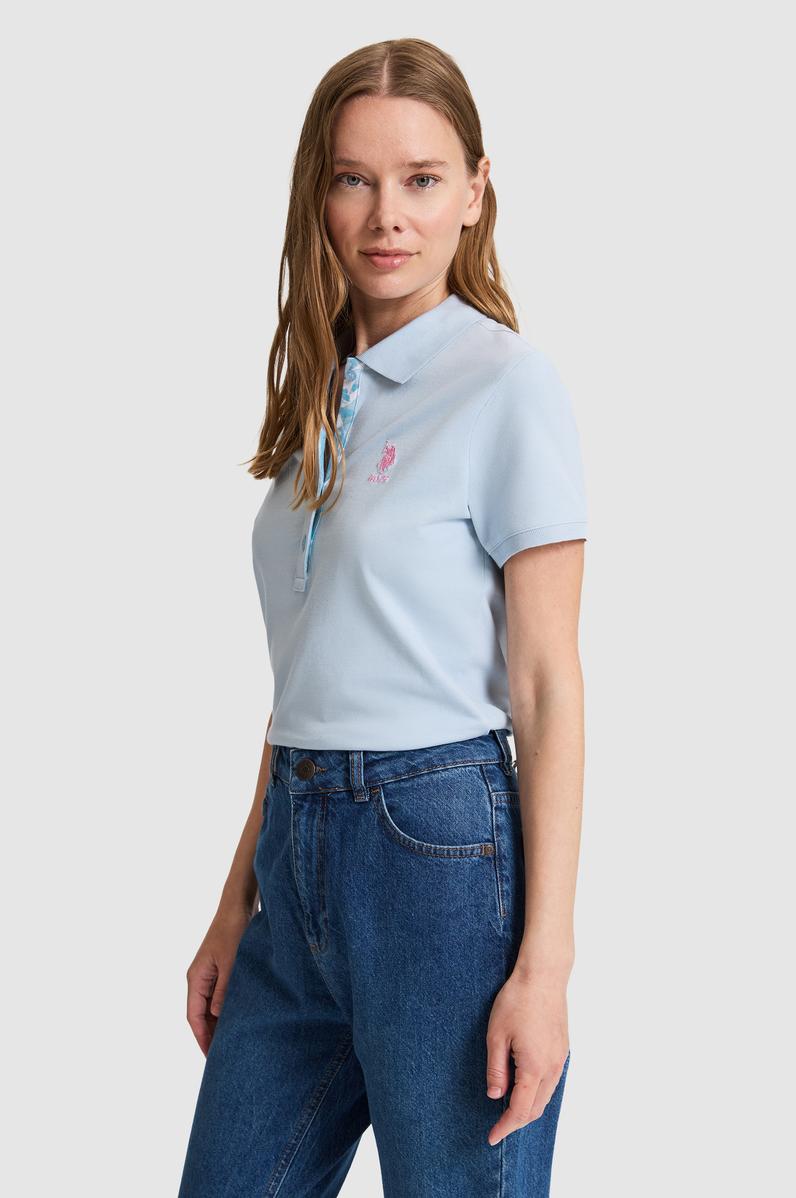 Kadın Açık Mavi Polo Yaka Basic Tişört