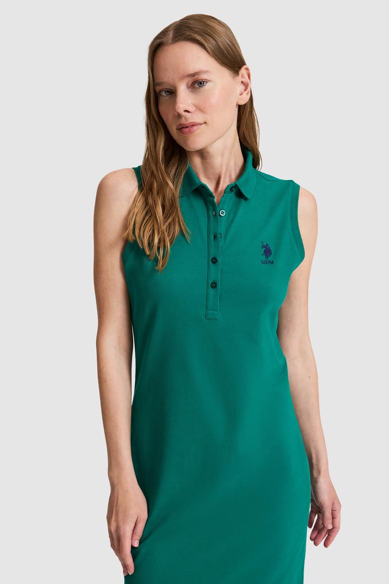 Kadın Koyu Yeşil Polo Yaka Örme Elbise - 50323571046