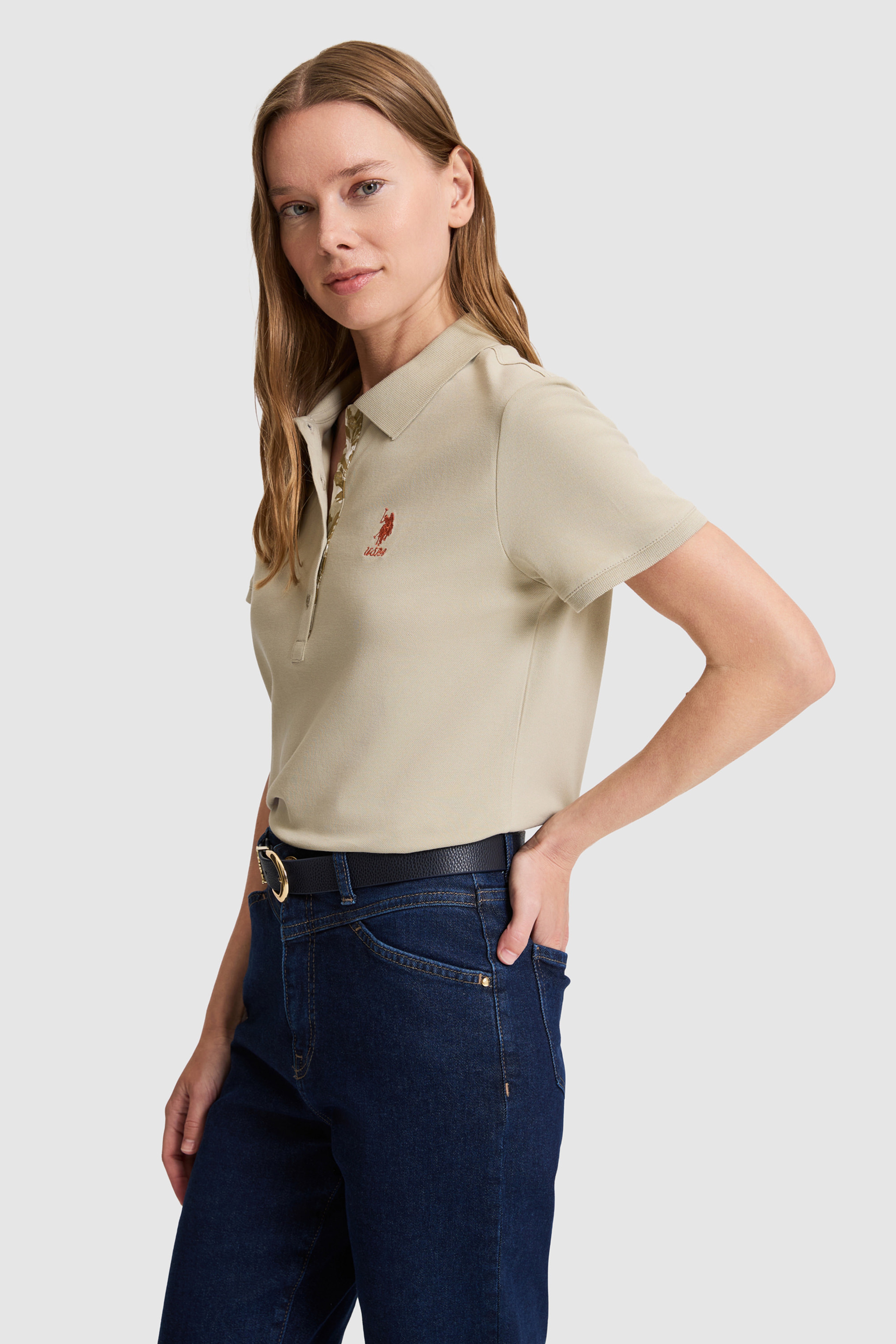 Kadın Açık Haki Polo Yaka Basic Tişört