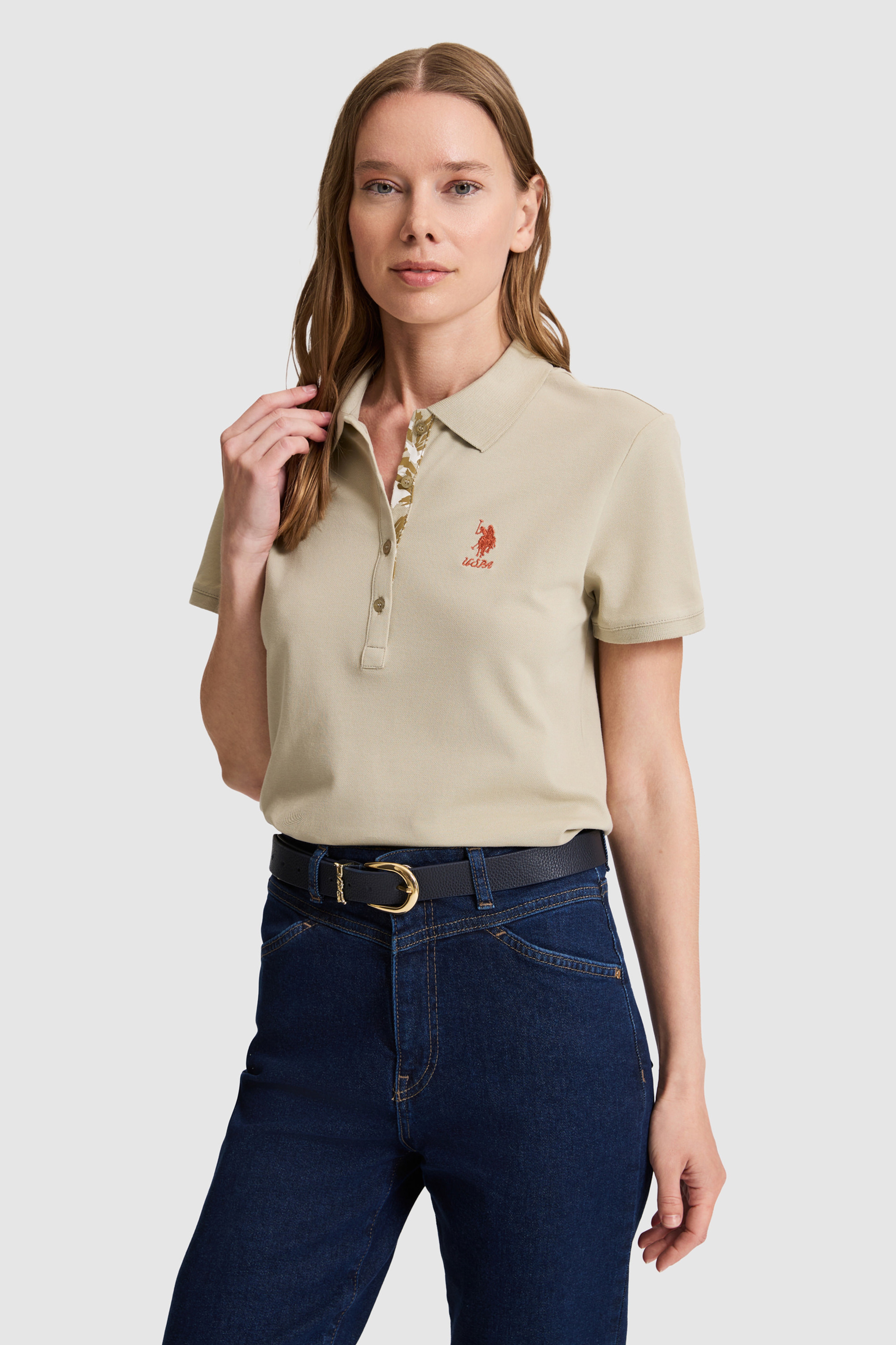 Kadın Açık Haki Polo Yaka Basic Tişört