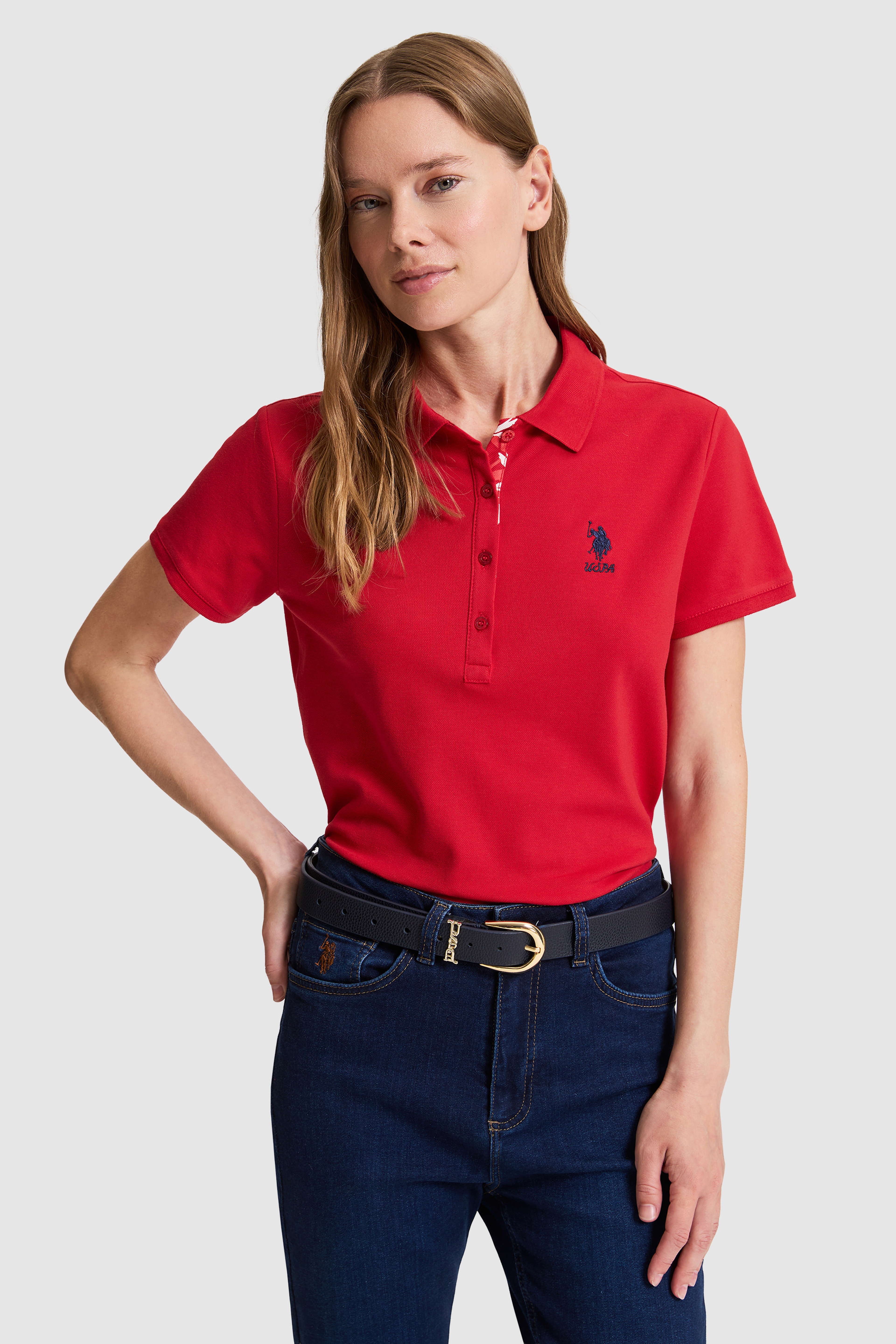 Kadın Kırmızı Polo Yaka Basic Tişört - Image 1