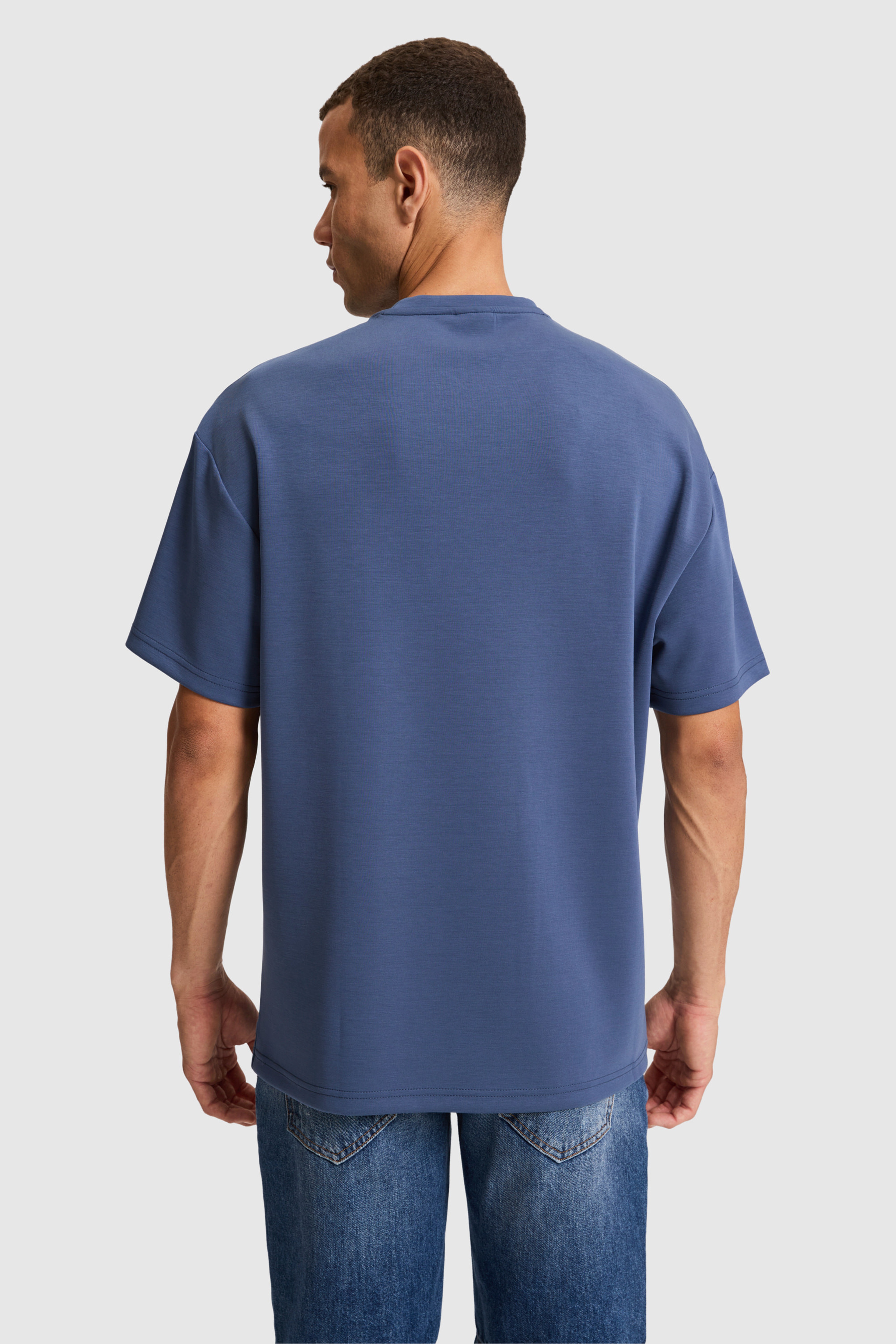Erkek İndigo Oversize Bisiklet Yaka Tişört - Image 5
