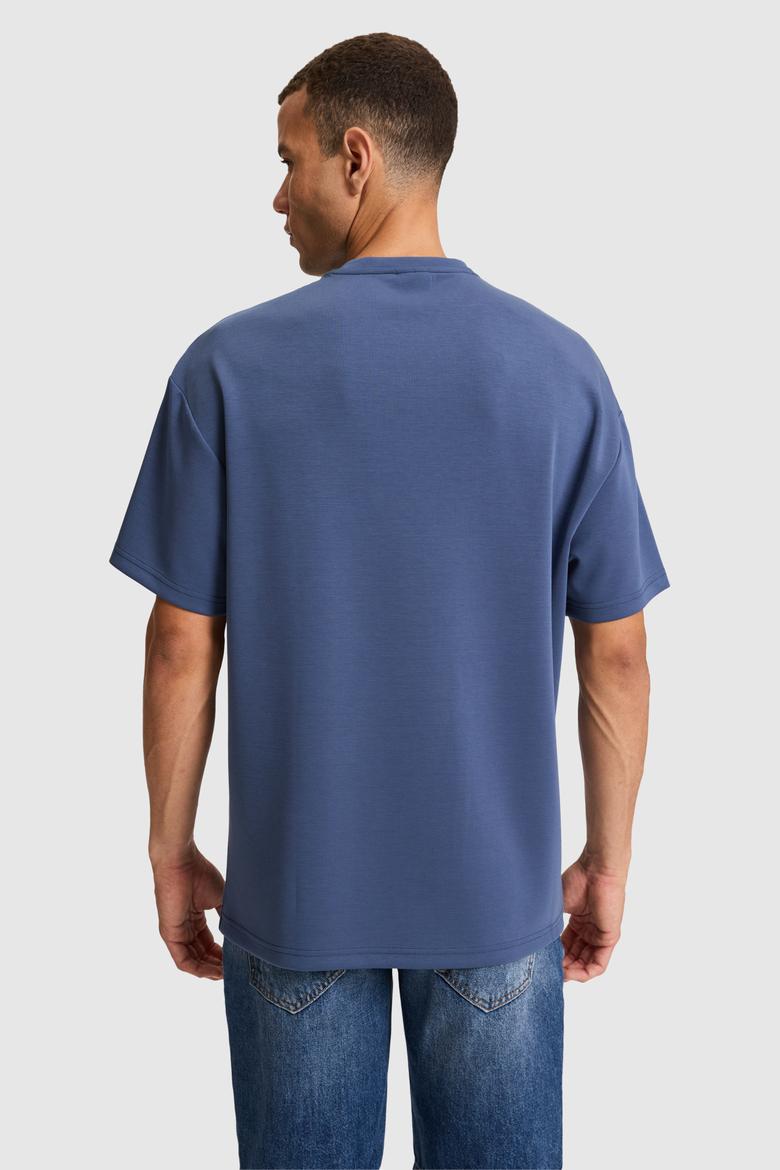 Erkek İndigo Oversize Bisiklet Yaka Tişört - 50322539007