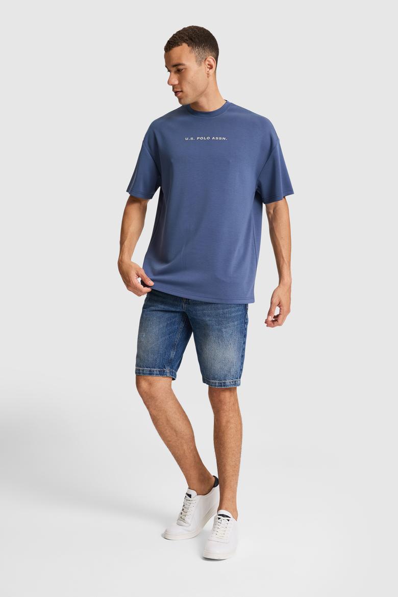 Erkek İndigo Oversize Bisiklet Yaka Tişört - 50322539007