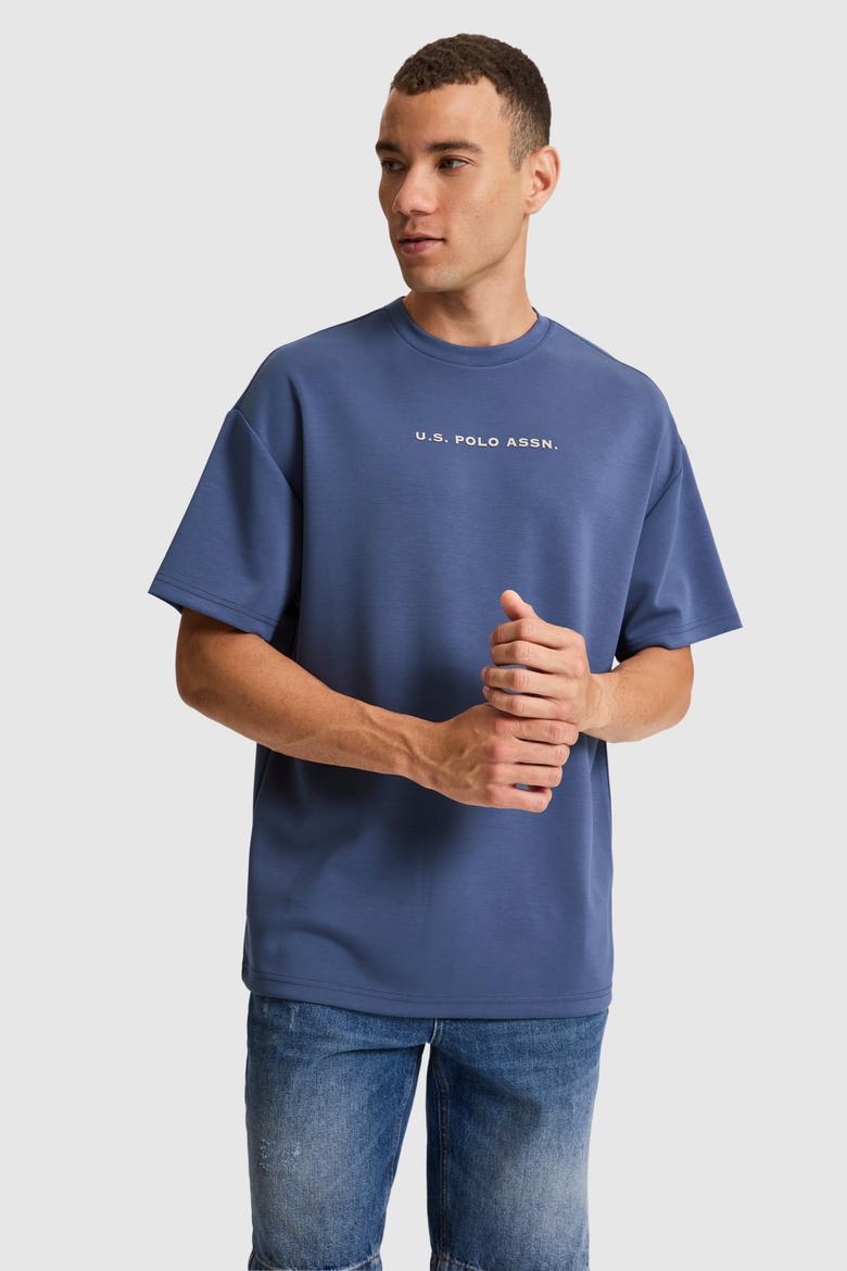 Erkek İndigo Oversize Bisiklet Yaka Tişört - 50322539007
