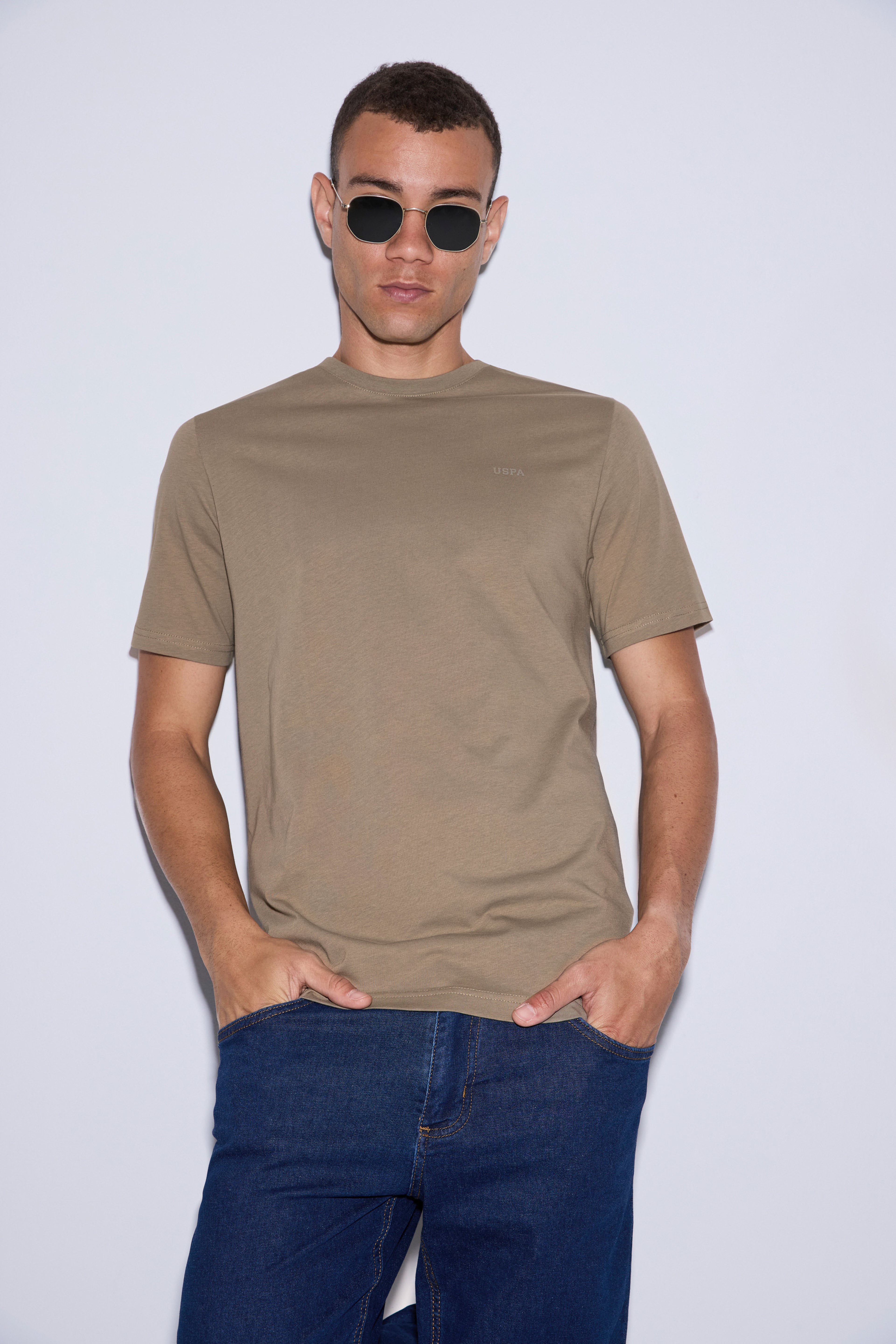 Erkek Haki Regular Fit Bisiklet Yaka Basic Tişört