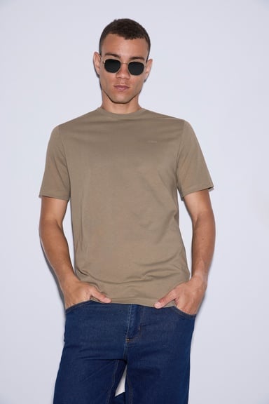 Erkek Haki Regular Fit Bisiklet Yaka Basic Tişört