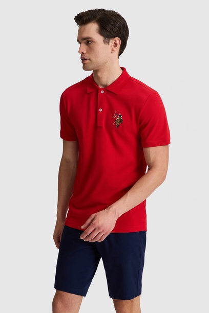 Erkek Slim Fit Polo Yaka Kırmızı Basic Tişört
