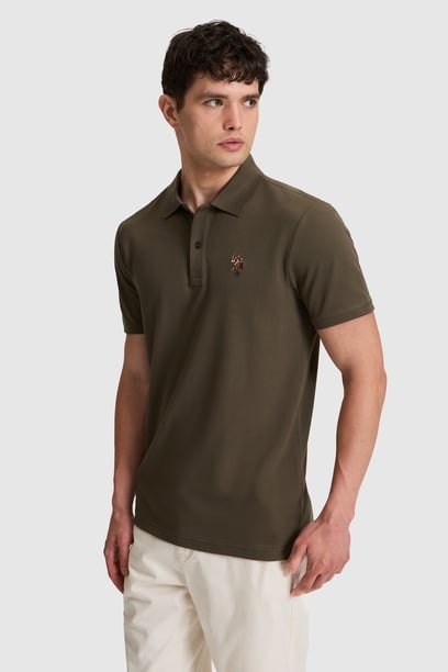 Erkek Koyu Haki Regular Fit Polo Yaka Basic Tişört