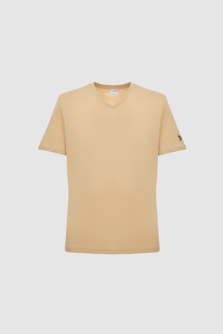 Erkek Regular Fit V Yaka Bej Basic Tişört - 50326944003