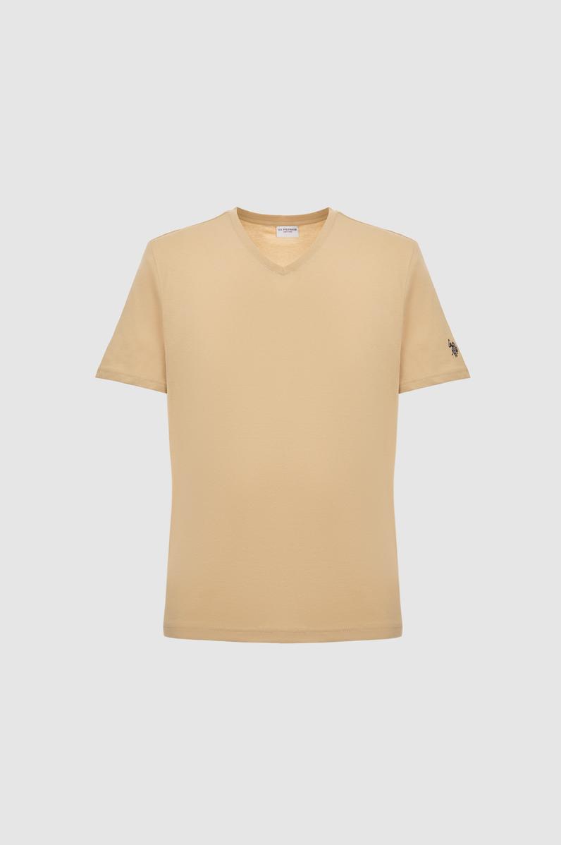 Erkek Regular Fit V Yaka Bej Basic Tişört