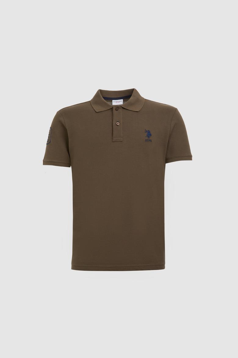 Erkek Slim Fit Polo Yaka Koyu Haki Basic Tişört - 50326920272