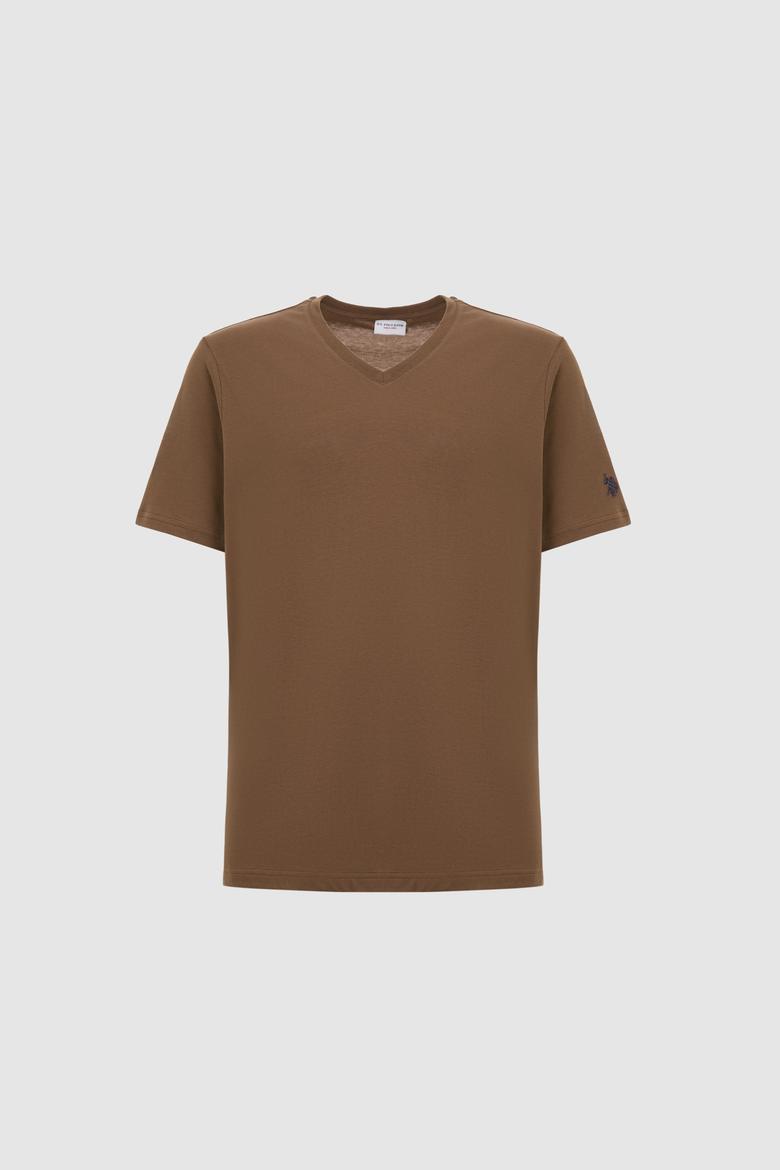 Erkek Regular Fit V Yaka Kahverengi Basic Tişört - 50326944135