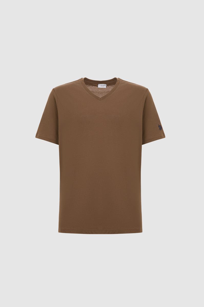Erkek Regular Fit V Yaka Kahverengi Basic Tişört