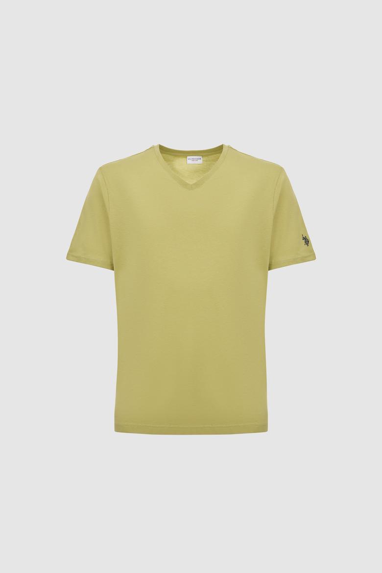 Erkek Regular Fit V Yaka Yeşil Basic Tişört - 50326944025