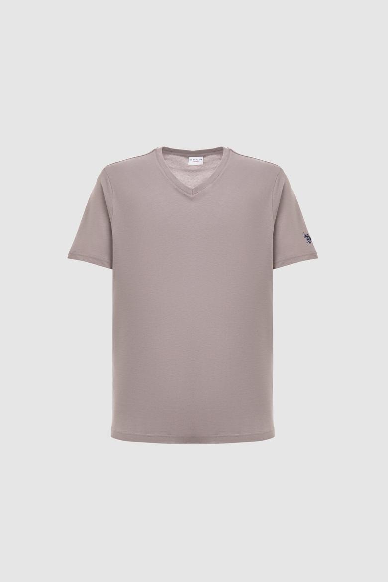 Erkek Regular Fit V Yaka Gri Basic Tişört - 50326944036