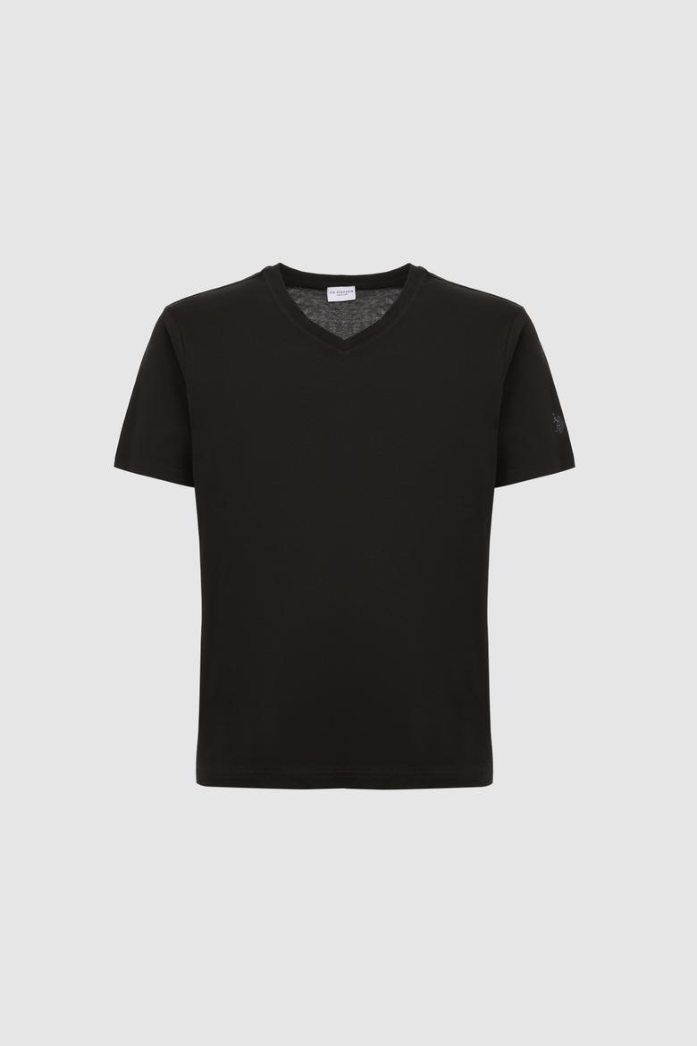 Erkek Regular Fit V Yaka Siyah Basic Tişört - 50326944074
