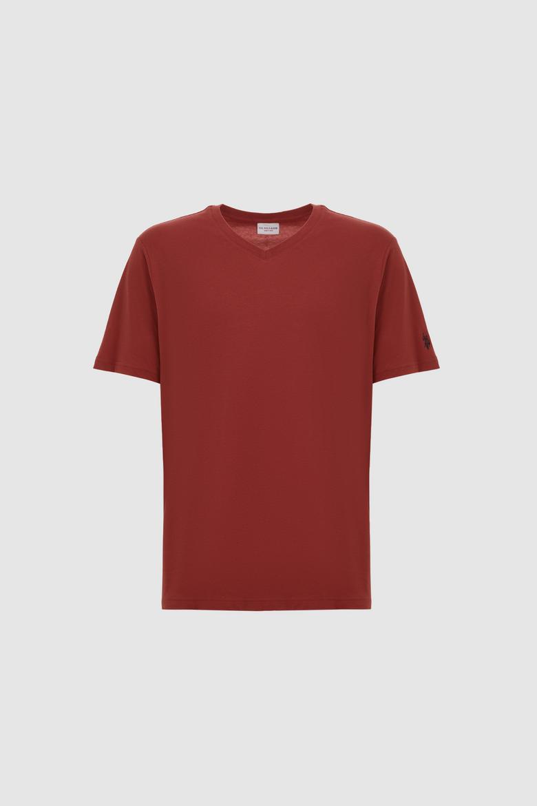 Erkek Reguar Fit V Yaka Vişne Basic Tişört - 50326944113