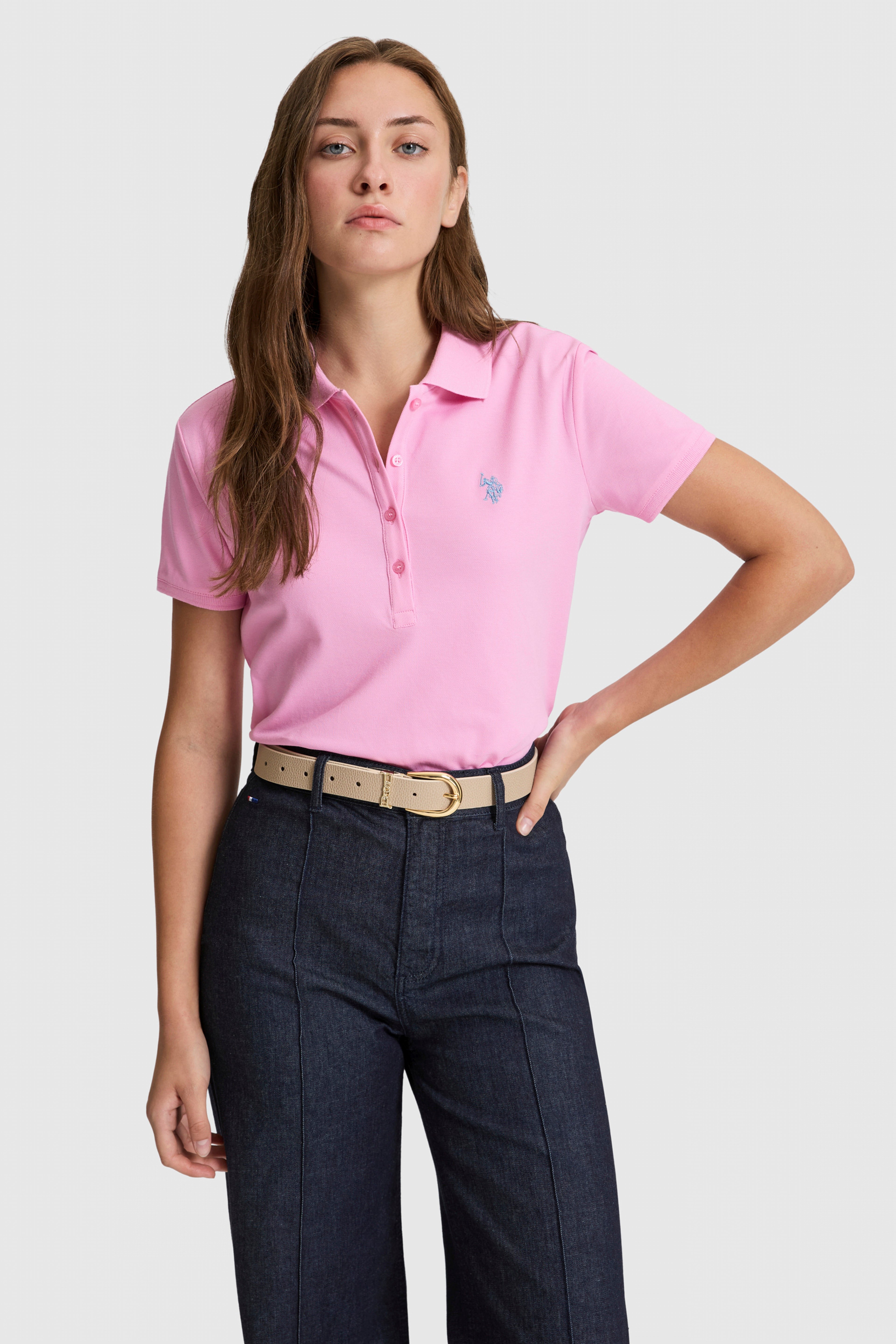 Kadın Pembe Polo Yaka Basic Tişört - Image 3