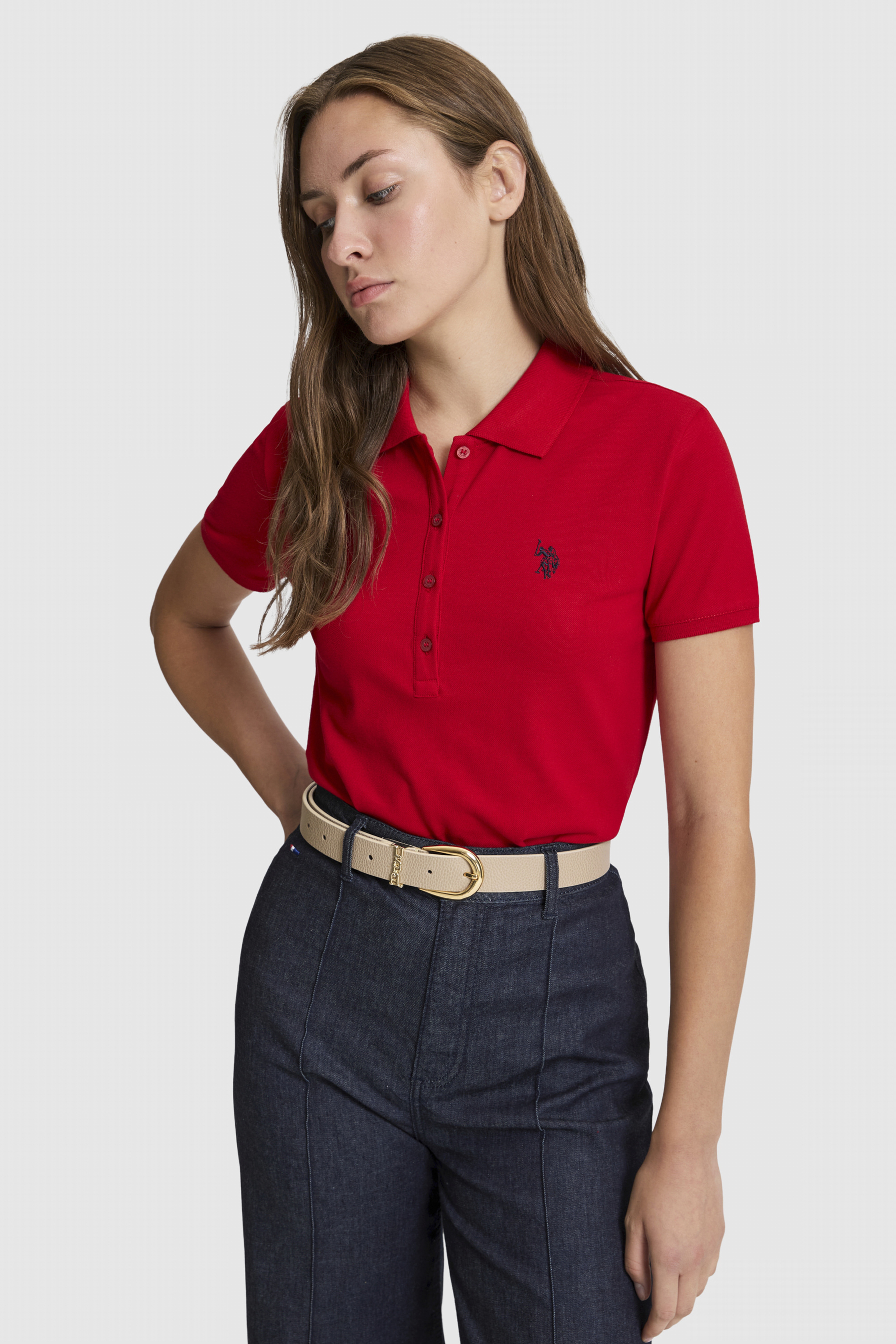 Kadın Kırmızı Polo Yaka Basic Tişört - Image 3