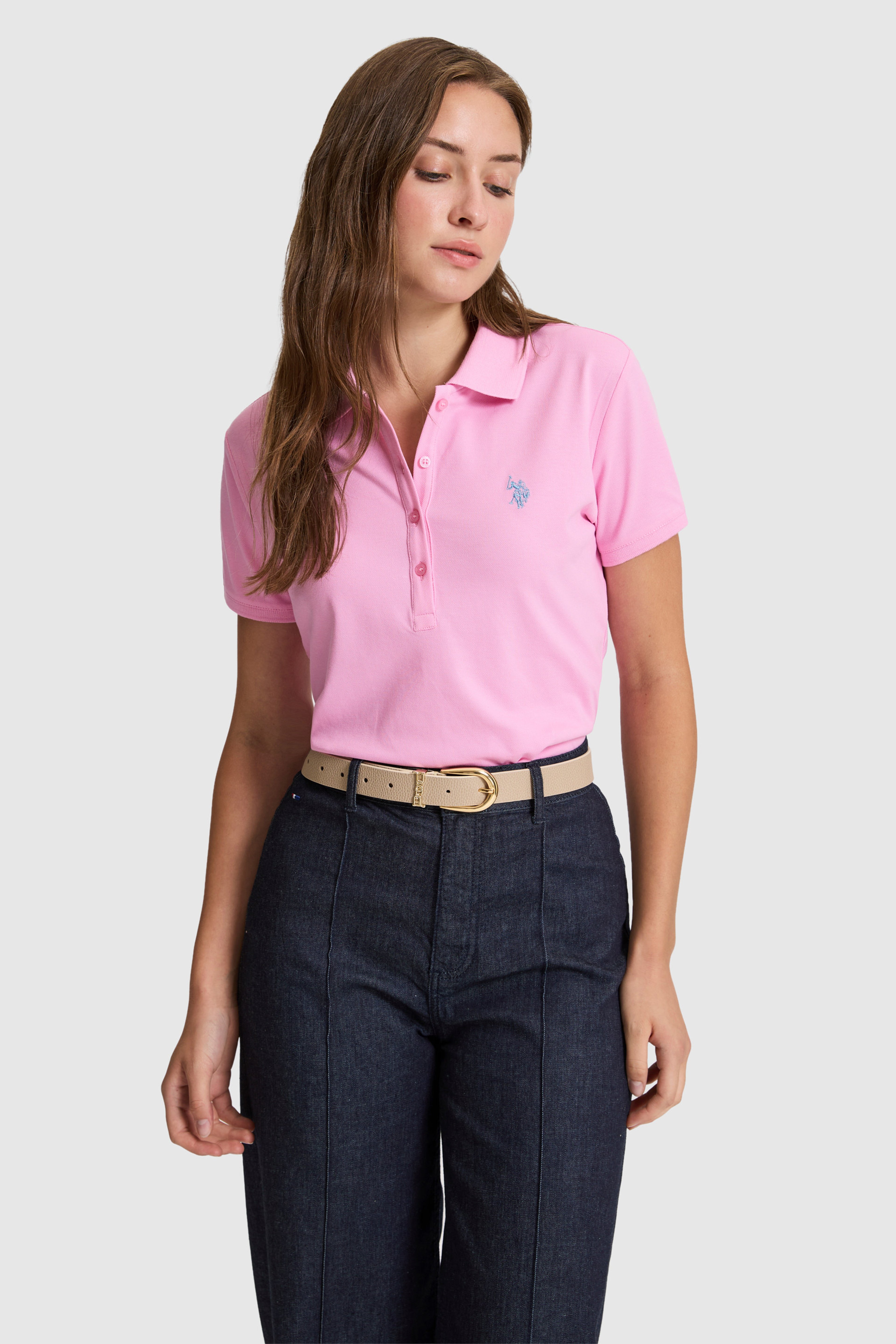Kadın Pembe Polo Yaka Basic Tişört - Image 1
