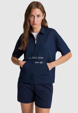 Kadın Lacivert Polo Yaka Yarım Fermuarlı Tişört - 50322040009