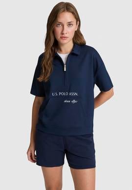 Kadın Lacivert Polo Yaka Yarım Fermuarlı Tişört - 50322040009