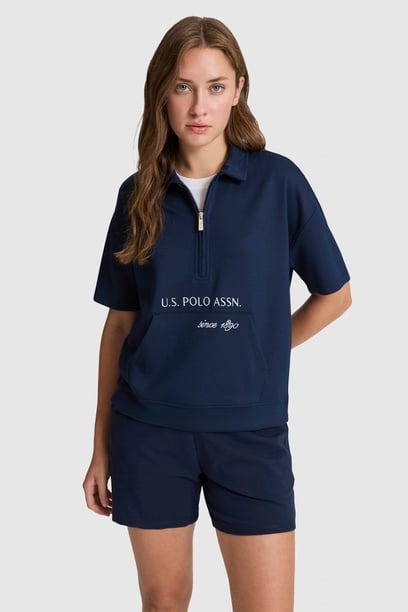 Kadın Lacivert Polo Yaka Yarım Fermuarlı Tişört
