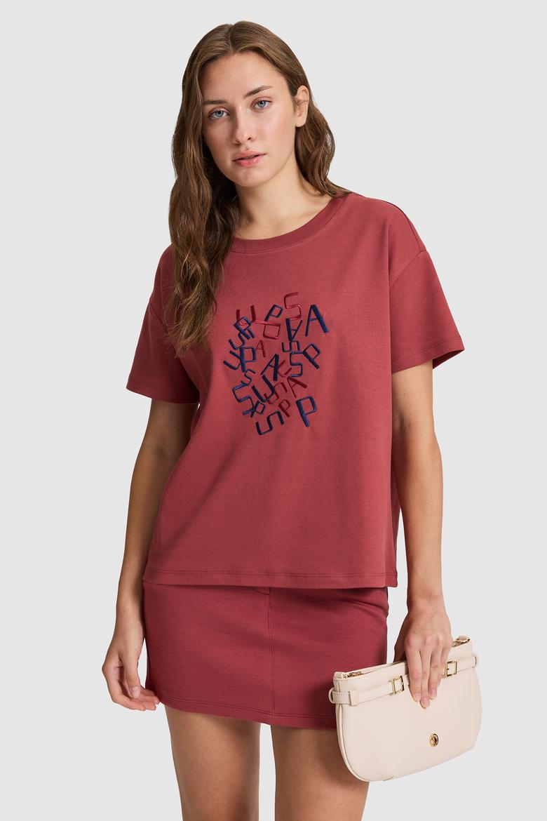 Kadın Vişne Bisiklet Yaka Tişört