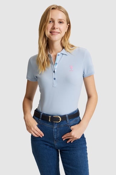 Kadın Açık Mavi Polo Yaka Basic Tişört