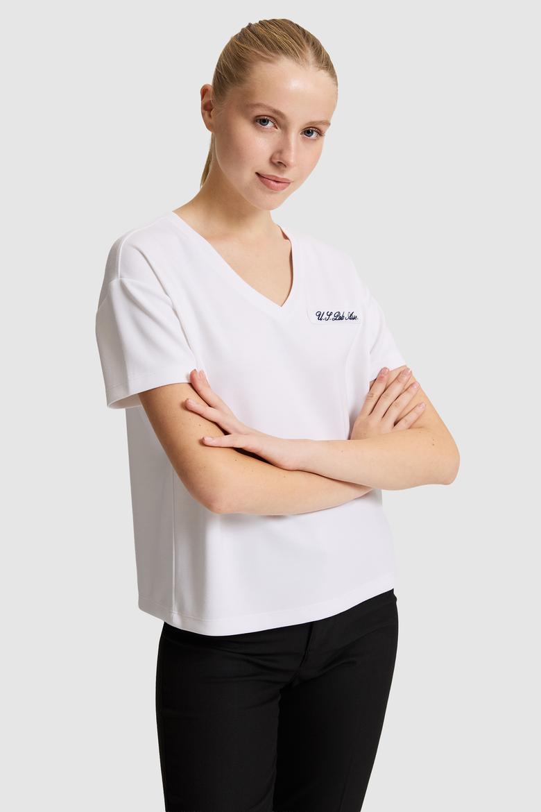 Kadın Beyaz V Yaka Tişört - 50323493002