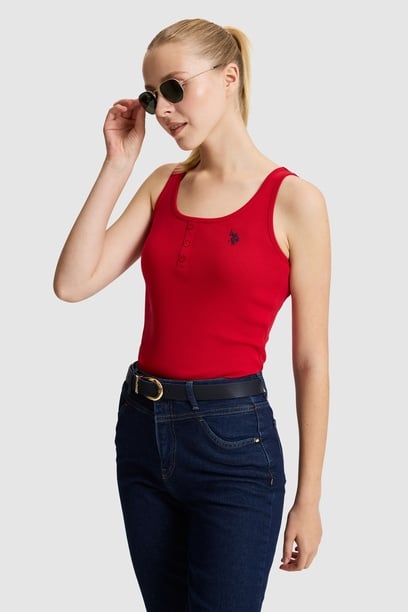 Kadın Kırmızı Kare Yaka Basic Tişört