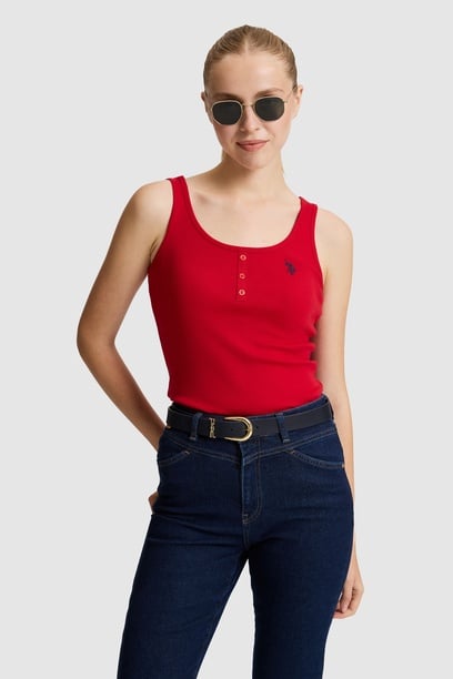 Kadın Kırmızı Kare Yaka Basic Tişört