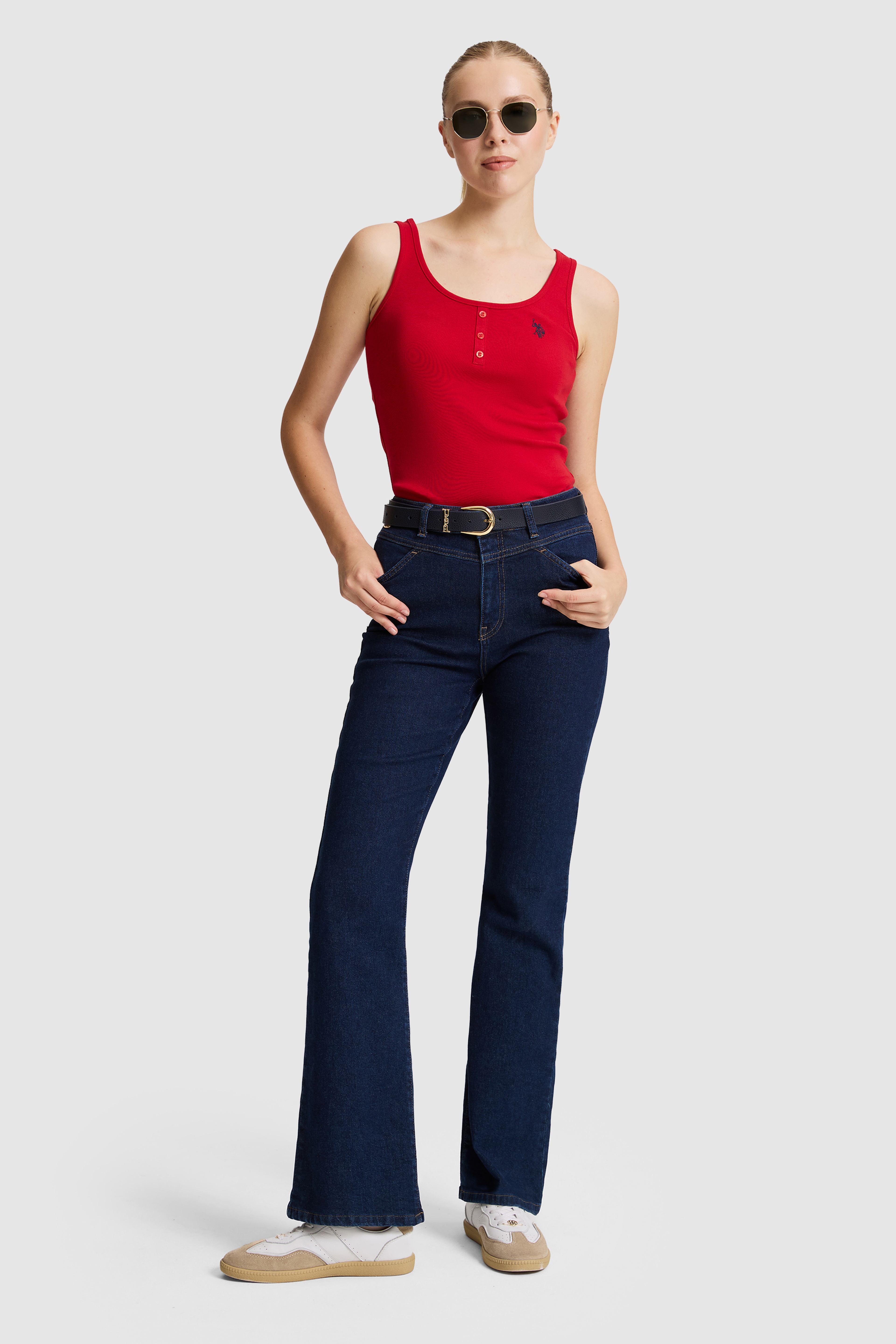 Kadın Kırmızı Kare Yaka Basic Tişört - Image 4
