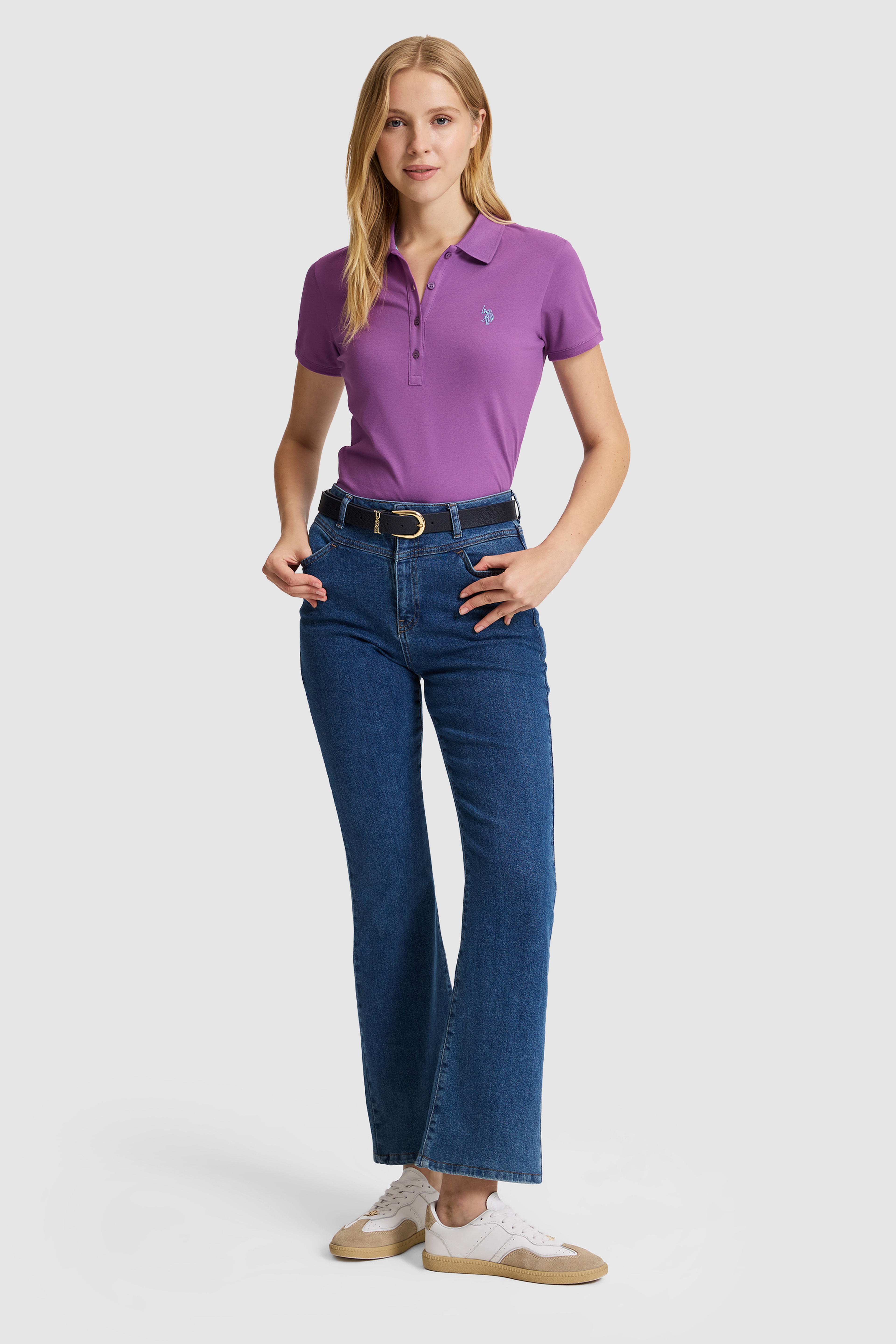 Kadın Menekşe Polo Yaka Basic Tişört - Image 5