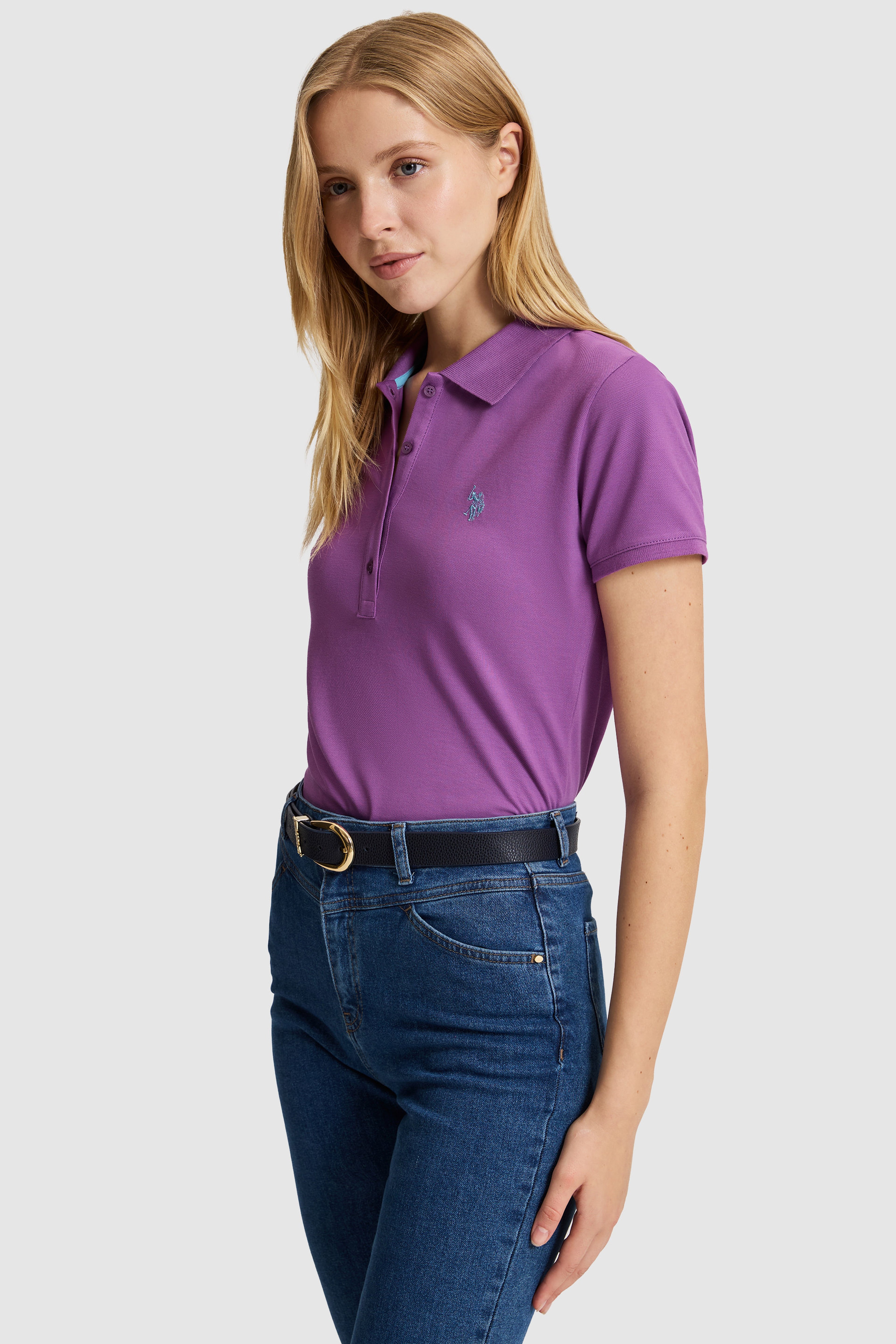 Kadın Menekşe Polo Yaka Basic Tişört - Image 3